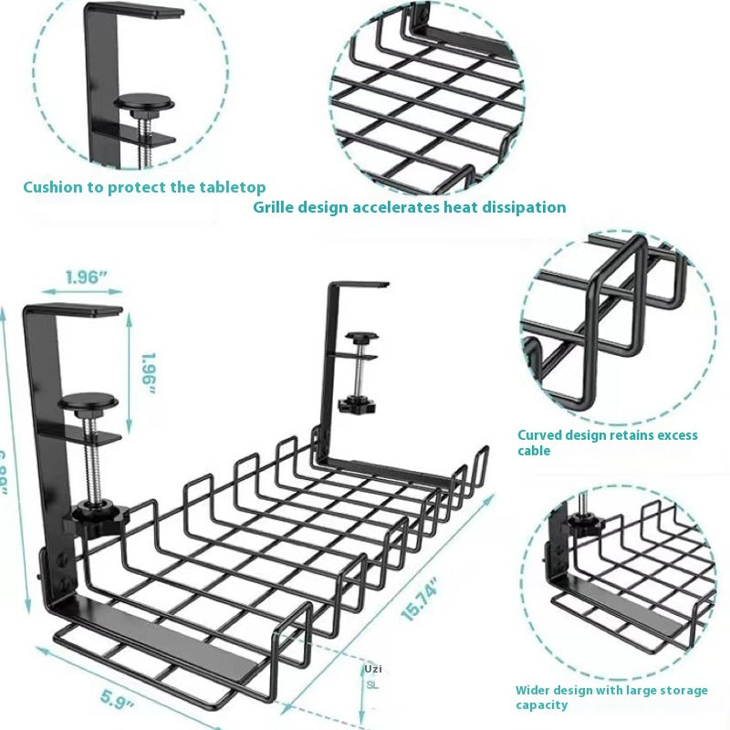 Under-Desk Cable Management Rack – Punch-Free Metal Power Strip Holder